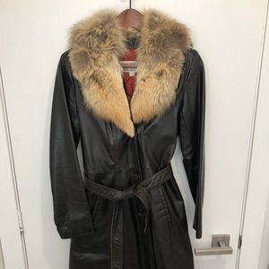 Vintage brown leather trench coat with rabbit fur collar